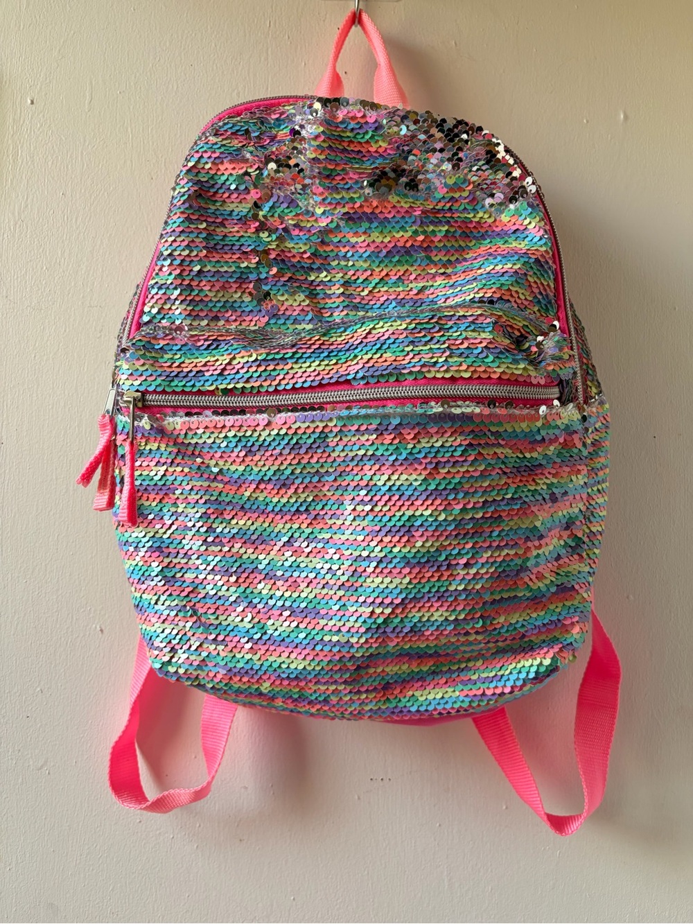 Sequin Rainbow Backpack with Hot Pink Straps